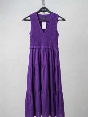 💜 NWT F.E.W. MODA Plum Purple Smocked Tiered Midi Dress | Size Small